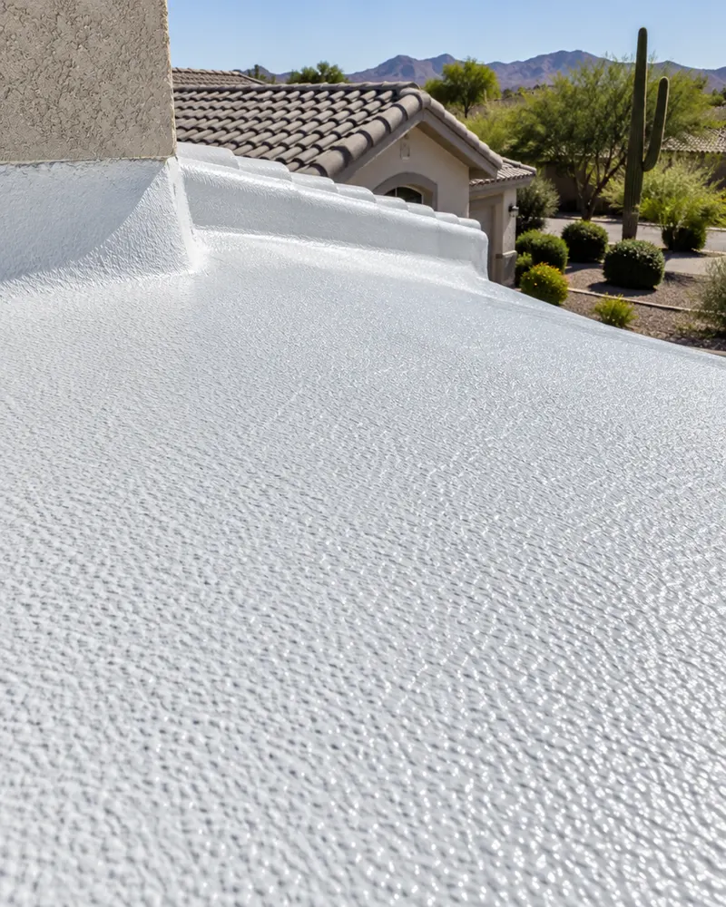 Close-up of fresh white elastomeric coating over a spray polyurethane foam roof surface, textured orange-peel finish