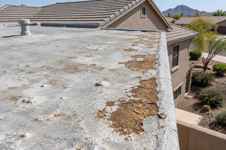 Old weathered spray foam flat roof with exposed brown foam, worn coating and small blisters