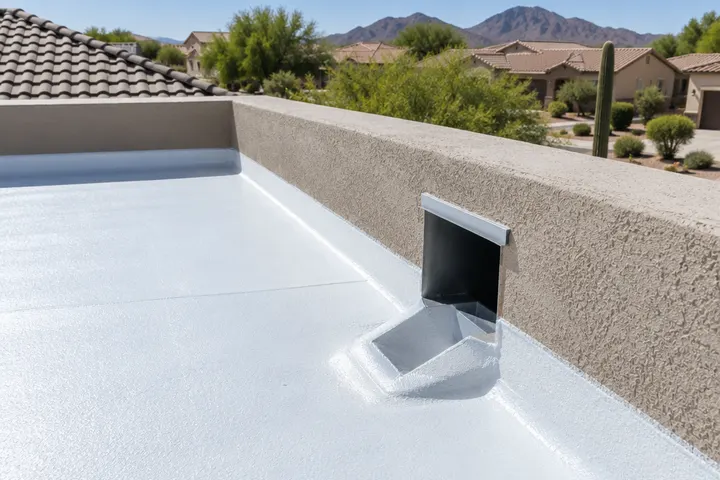 Roof scupper and drain through a parapet wall on a newly coated flat foam roof