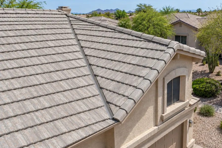 The same Chandler home and roof after the tiles were lifted, new underlayment installed and the tiles re-laid: straight tile rows, cracked tiles replaced with matching ones, fresh ridge caps and clean valleys