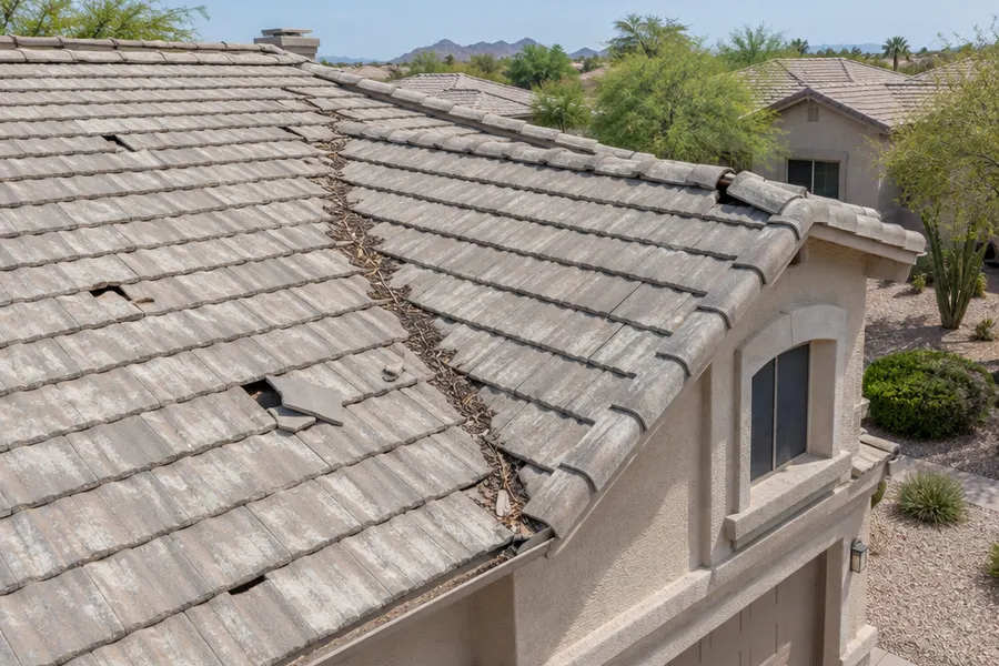 Aged faded concrete tile roof on a Chandler stucco home with several cracked and broken tiles, bleached color, debris in the valleys and a slipped ridge cap, photographed from a slight elevation
