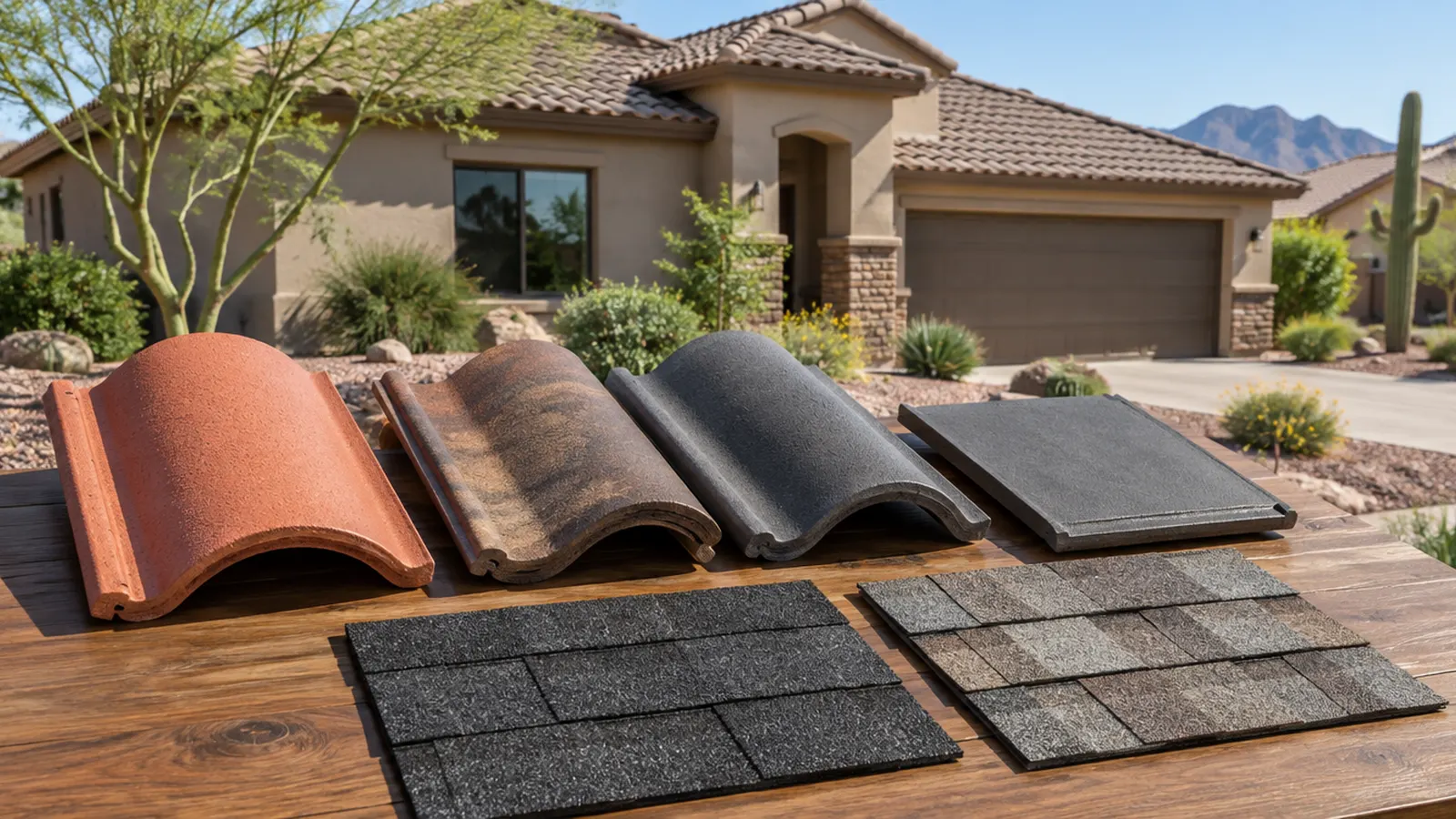 Roofing samples laid out on a table outdoors: concrete roof tiles in terracotta, brown blend and slate gray, an S-tile and a flat tile, plus architectural shingle swatches in charcoal and weathered wood
