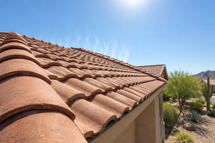 Low-angle view of a terracotta concrete tile roof in harsh midday desert sun, heat shimmer above it, clear sky