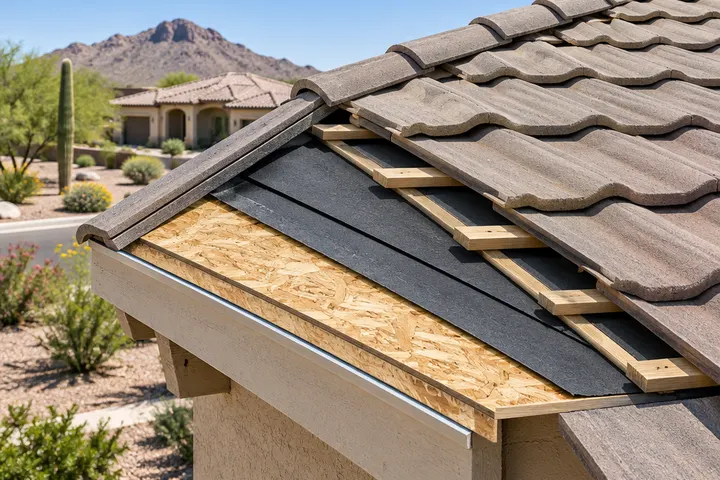 Cutaway of a concrete tile roof showing the roof deck, two layers of underlayment, battens and overlapping tiles on top
