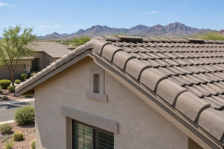 Attic ventilation on a tile roof: low-profile tile vents near the ridge of a concrete tile roof, clean installation
