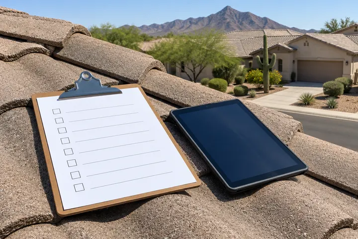 Clipboard with a blank checklist form and a tablet resting on concrete roof tiles, no readable text