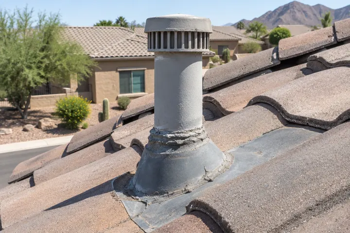 Plumbing vent pipe flashing on a tile roof with aged sealant