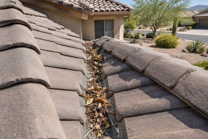 Roof valley on a tile roof partly clogged with leaves and debris