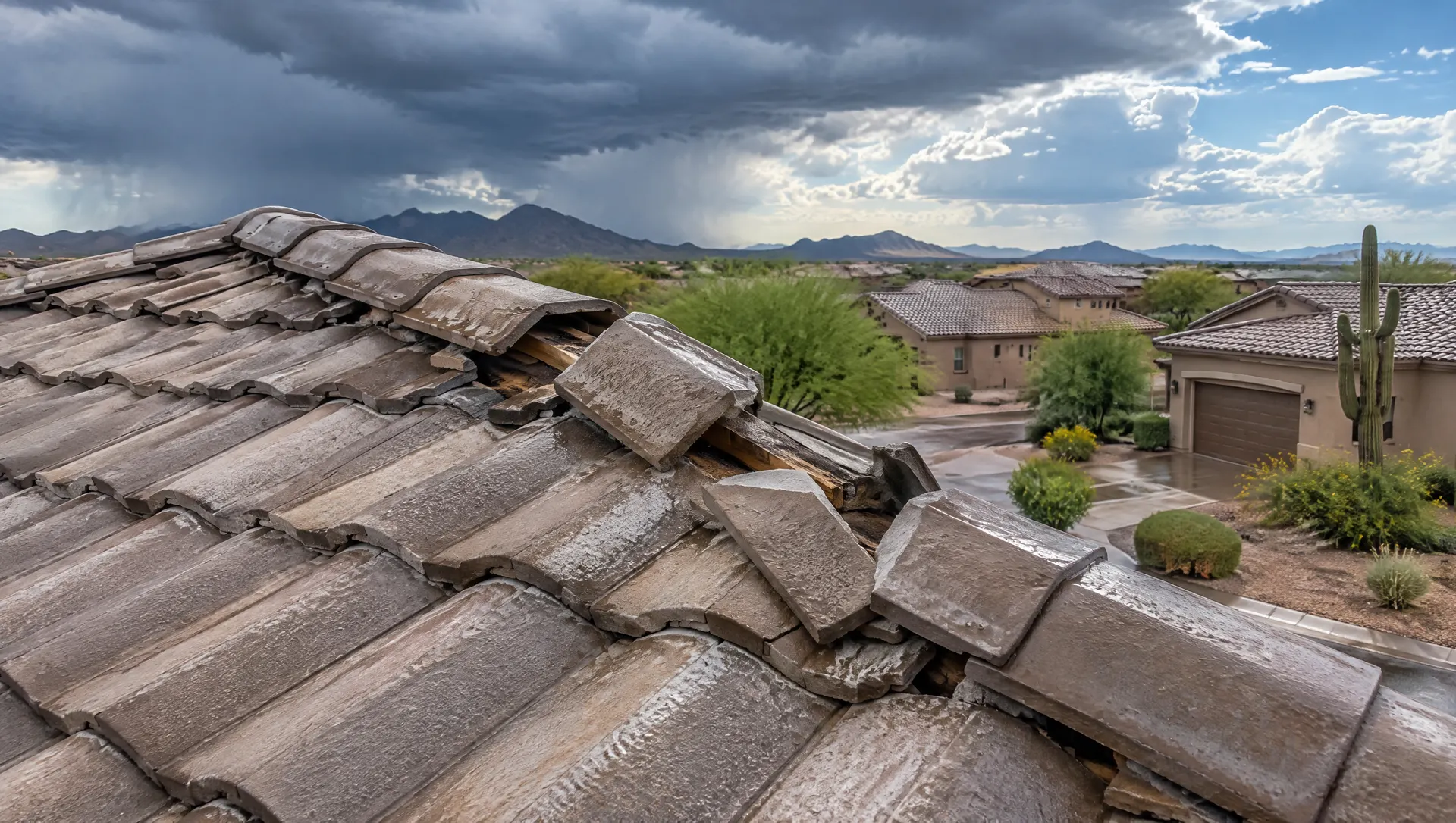 Concrete tile roof after a summer monsoon storm with a few slipped and broken tiles along the ridge, dark storm clouds clearing over the Arizona desert in the background