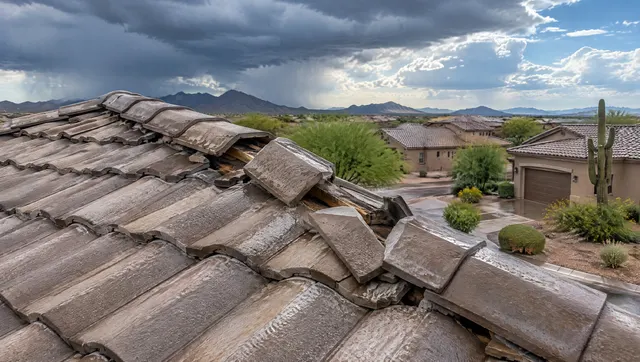 Concrete tile roof after a summer monsoon storm with a few slipped and broken tiles along the ridge, dark storm clouds clearing over the Arizona desert in the background
