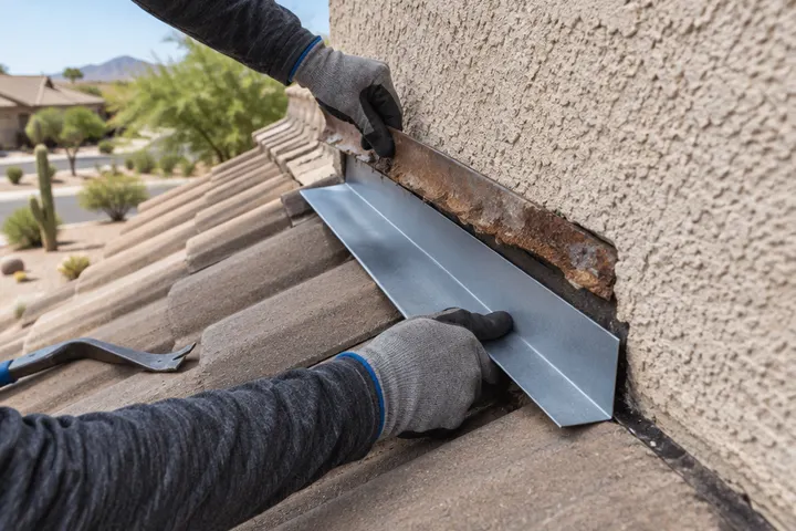 Roofer replacing rusted metal flashing at a roof-to-wall joint, gloved hands only