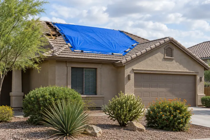 Blue tarp secured over a damaged section of a tile roof after a storm
