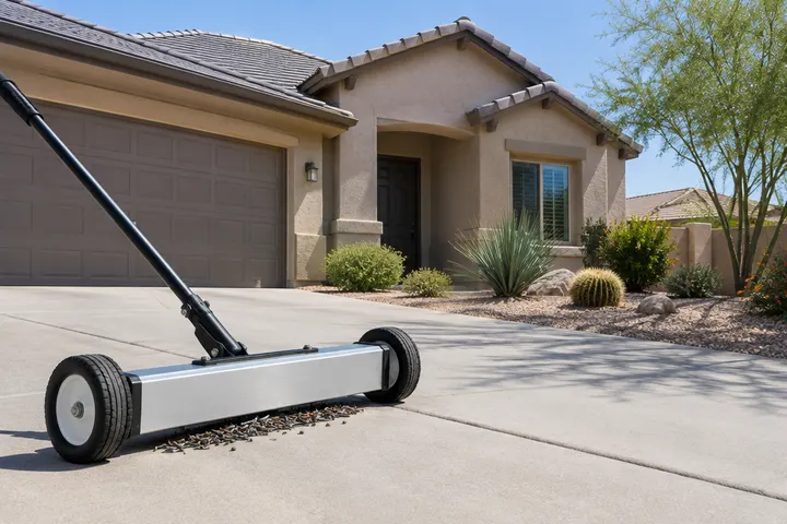 Magnetic nail sweeper rolling across a clean driveway in front of a home with a finished new roof