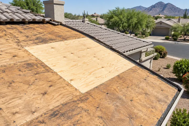 Exposed plywood roof decking with one new sheet replacing a damaged section, ready for underlayment