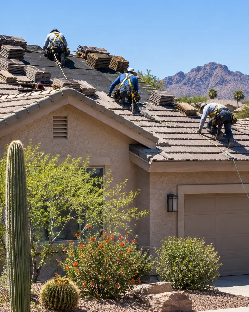 Roofing crew working on a sloped roof in bright sun, stacks of materials on the roof, safety harness ropes, faces not visible