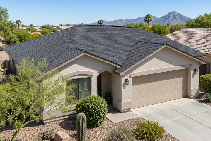 Finished new shingle roof on a single-story home with ridge vent along the peak