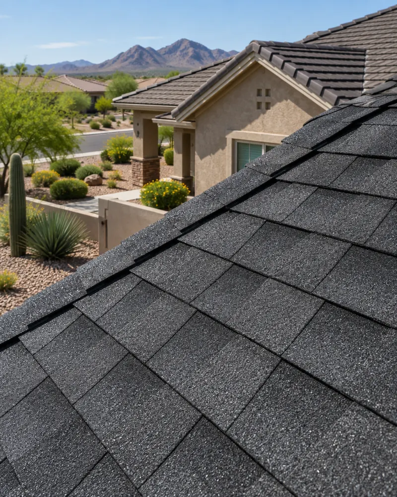Close-up of new architectural asphalt shingles in charcoal with dimensional texture, nails covered by the next course