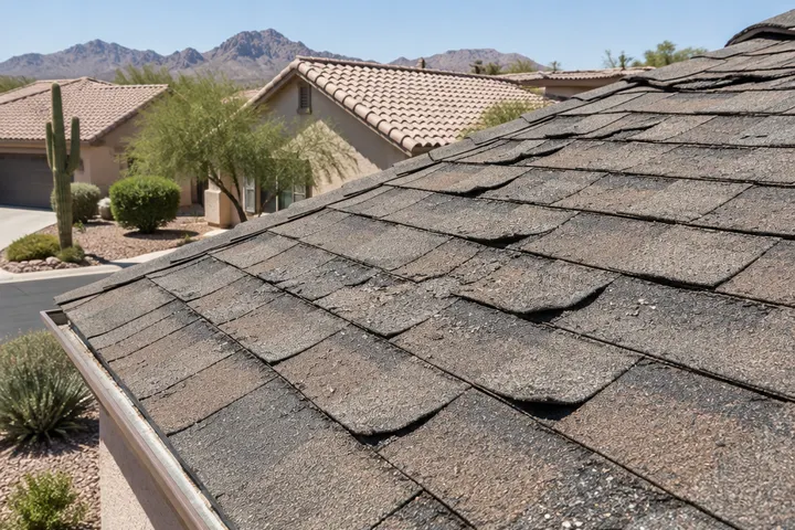 Worn, curling and granule-shedding three-tab asphalt shingles on an older Arizona roof
