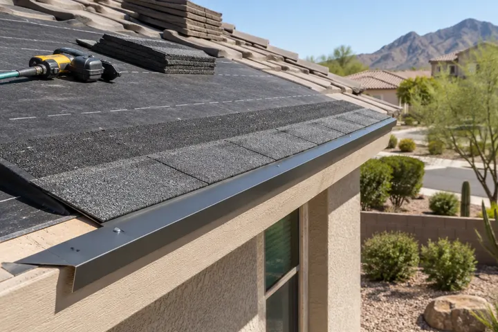 Starter strip shingles and metal drip edge being installed along a roof eave