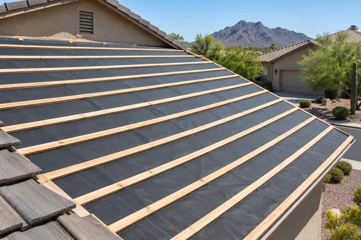 New underlayment and fresh wood battens installed across a roof deck before tiles go back on