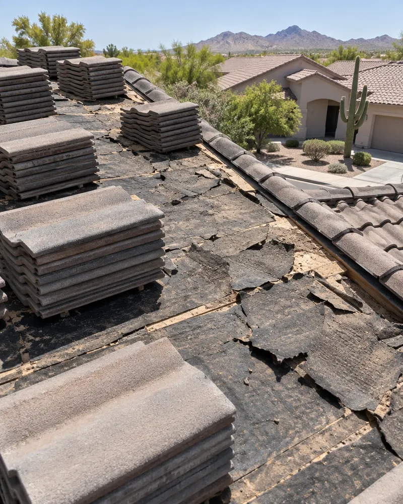 Neat stacks of reusable concrete roof tiles on a roof while old torn underlayment is exposed below, mid-project