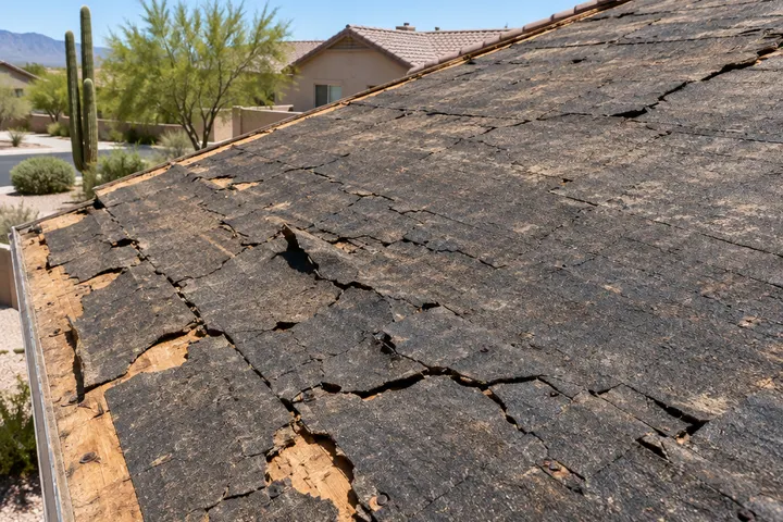 Old brittle, sun-cracked felt underlayment on a roof deck after the tiles have been removed, close up